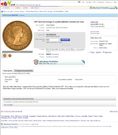 lorraine9426 1957 Mint Condition Gold Sovereign eBay Auction Listing